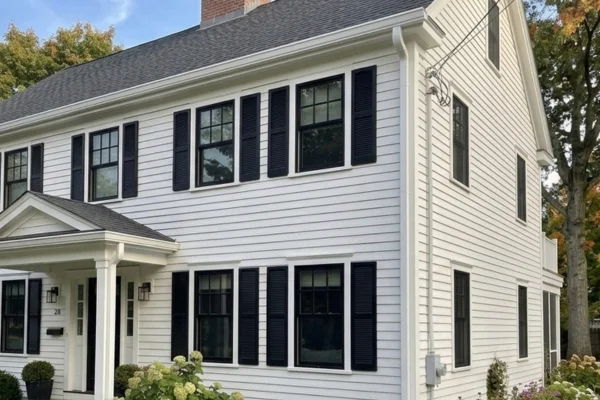Two-story Colonial-style New England home with dark gutters and multiple downspouts protecting the roofline.