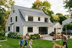 Family playing with a dog in the backyard of a New England home with a new metal roof, landscaped garden, and outdoor patio.